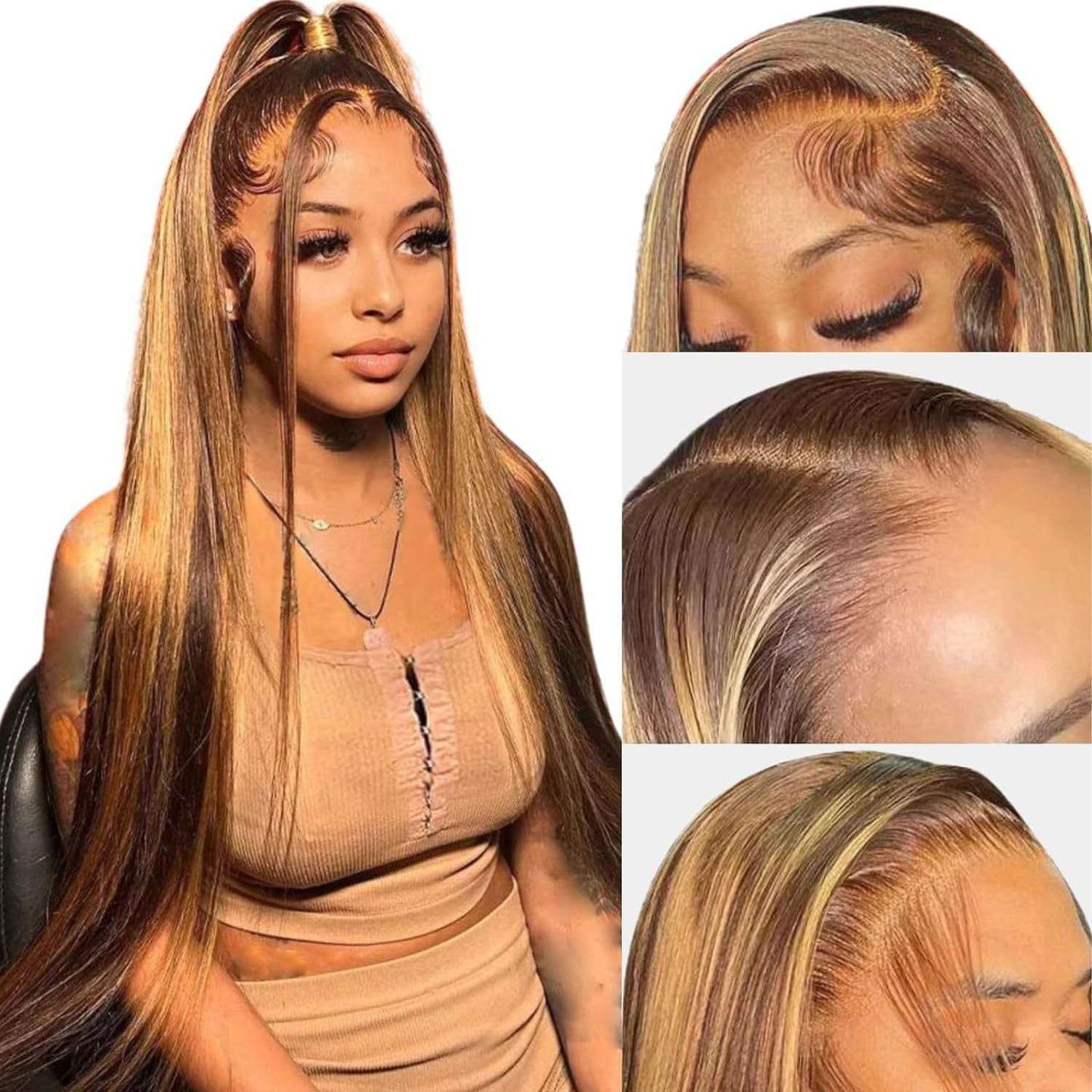 Female Long Straight Hair Front Lace Wig Head Cover