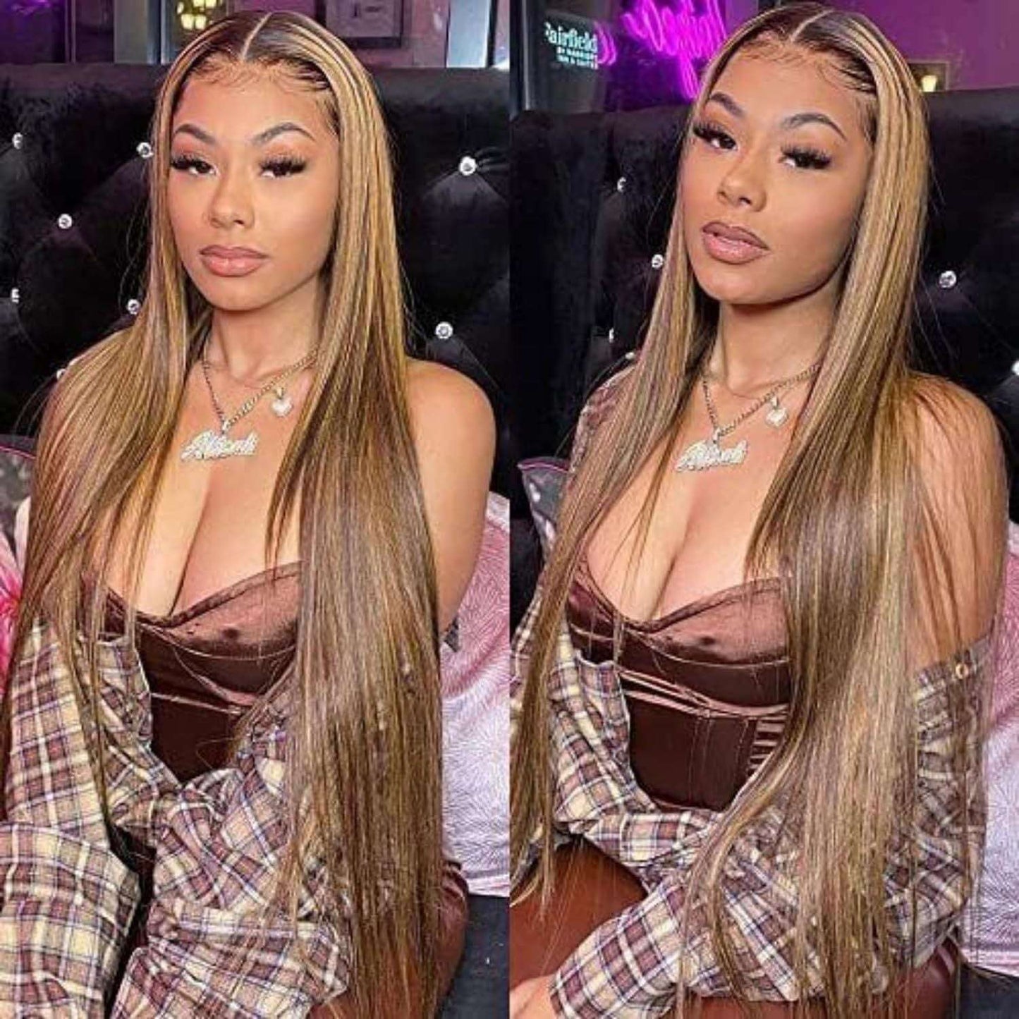 Female Long Straight Hair Front Lace Wig Head Cover