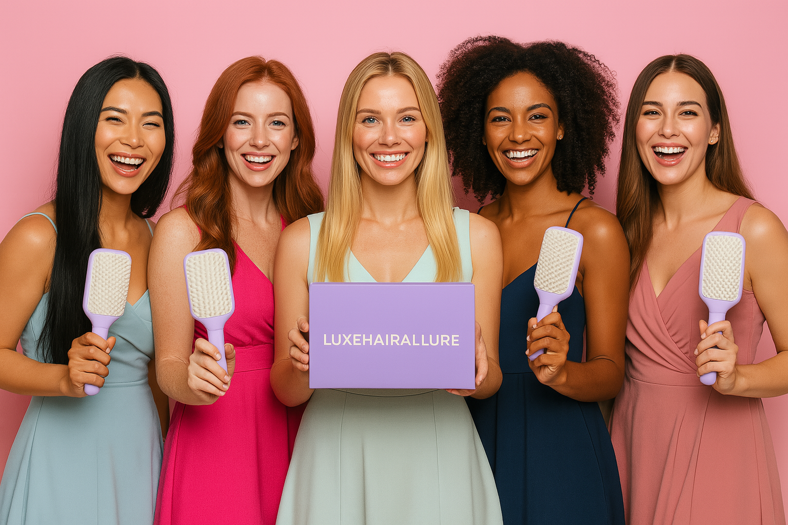 Five women holding hairbrushes and a box with 'LUXEHAIRALLURE' on a pink background