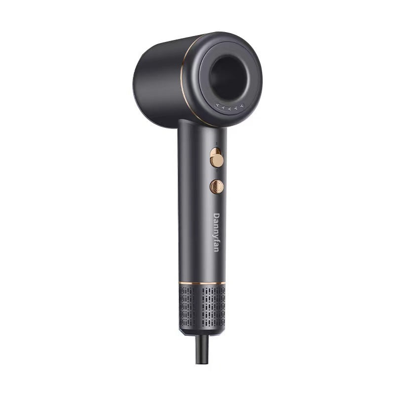 Sleek black adjustable speed hair dryer for all hair types with gold accents and ergonomic handle