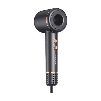 Sleek black adjustable speed hair dryer for all hair types with gold accents and ergonomic handle