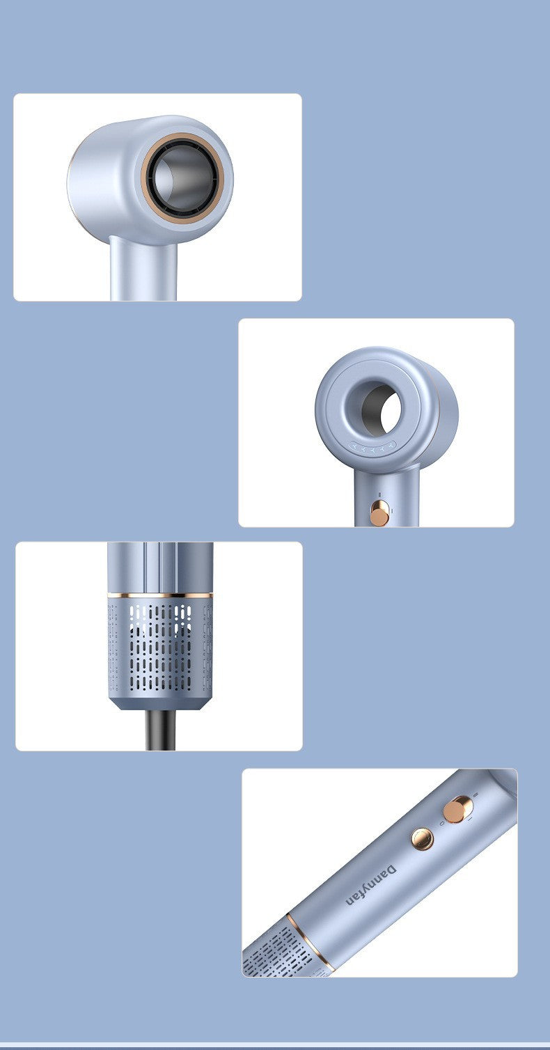 Adjustable speed hair dryer for all hair types with sleek silver design and multiple control buttons