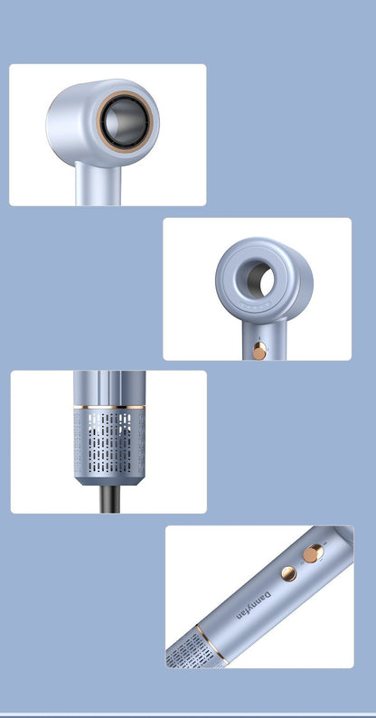 Adjustable speed hair dryer for all hair types with sleek silver design and multiple control buttons