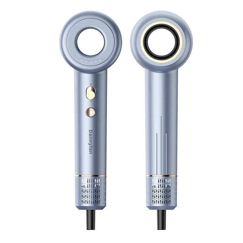 Adjustable speed hair dryer for all hair types in sleek modern blue design with circular airflow vents