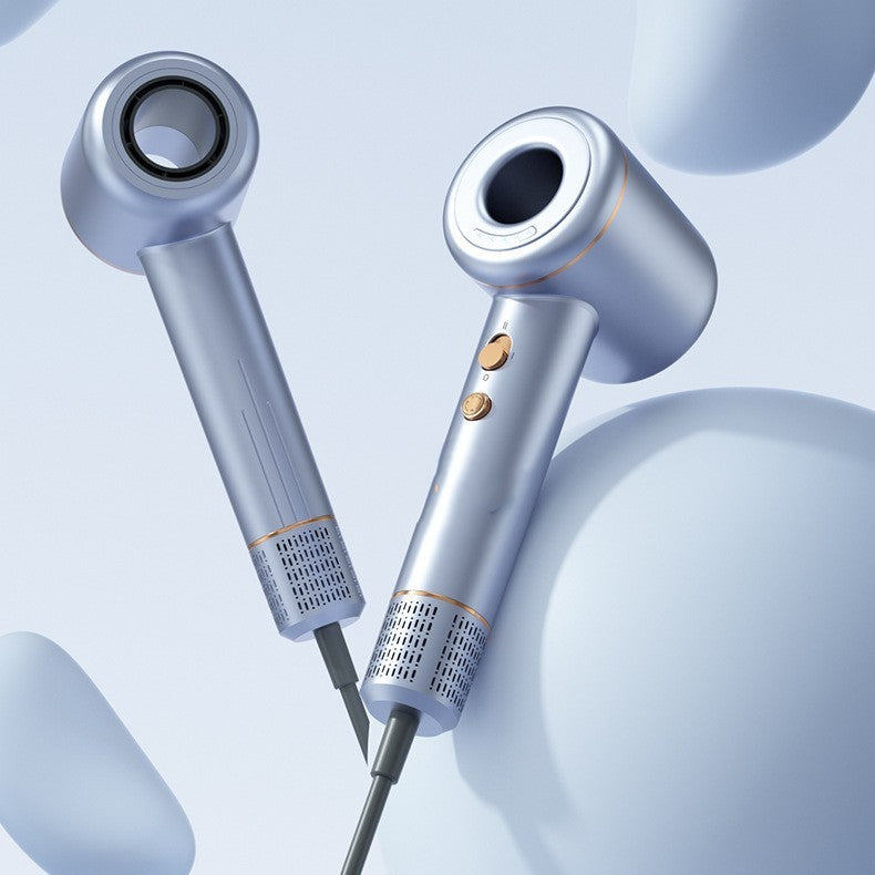 Silver adjustable speed hair dryer for all hair types with two control buttons and sleek design