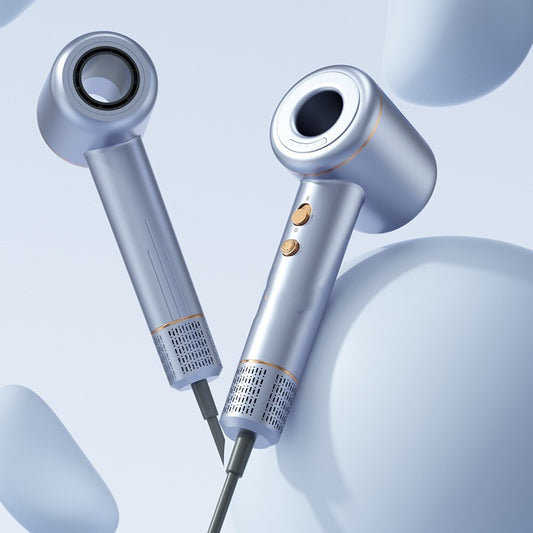 Silver adjustable speed hair dryer for all hair types with two control buttons and sleek design