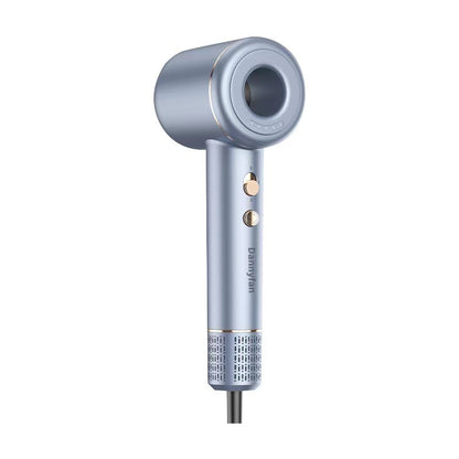 Sleek silver adjustable speed hair dryer for all hair types with modern design and dual control buttons
