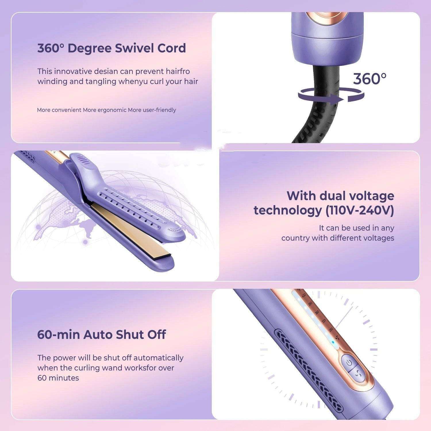 Electric hair straightener with frizz control hair curler and 360 degree swivel cord for easy styling