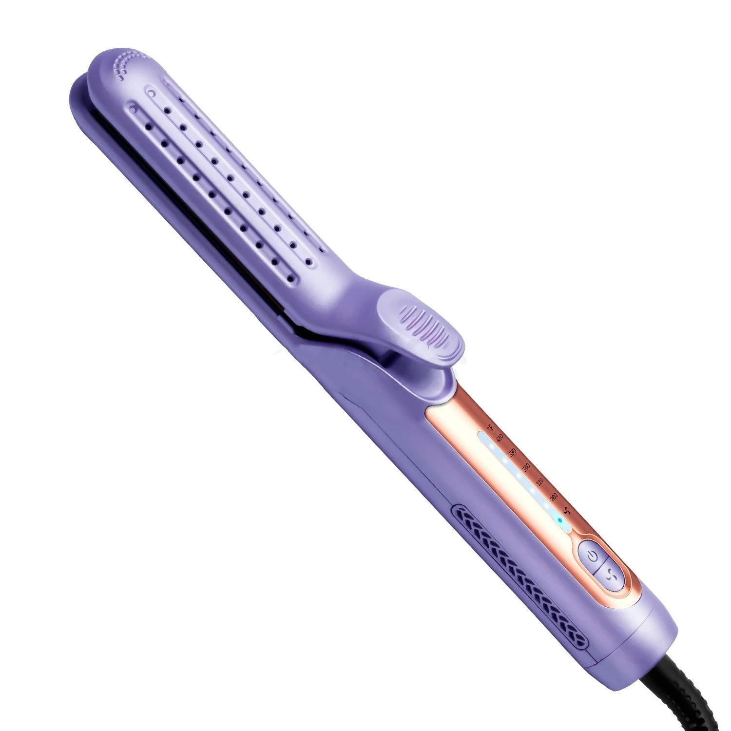 Purple electric hair straightener with digital display and frizz control hair curler feature