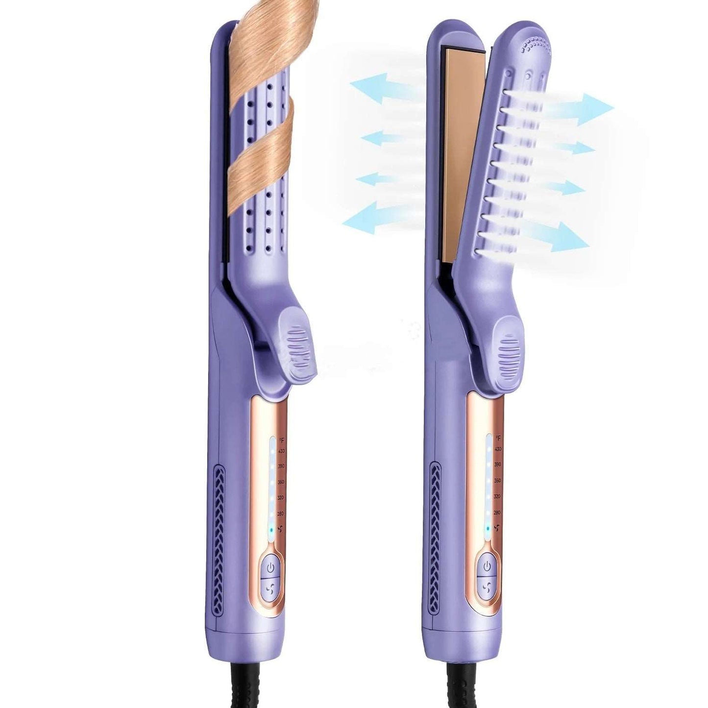 Purple electric hair straightener and frizz control hair curler with heated plates and vented design