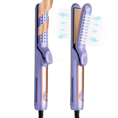 Purple electric hair straightener and frizz control hair curler with heated plates and vented design