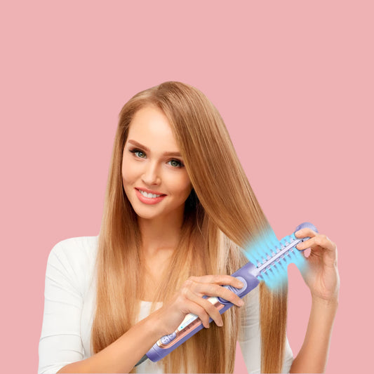 Woman using electric hair straightener frizz control hair curler for smooth shiny hair