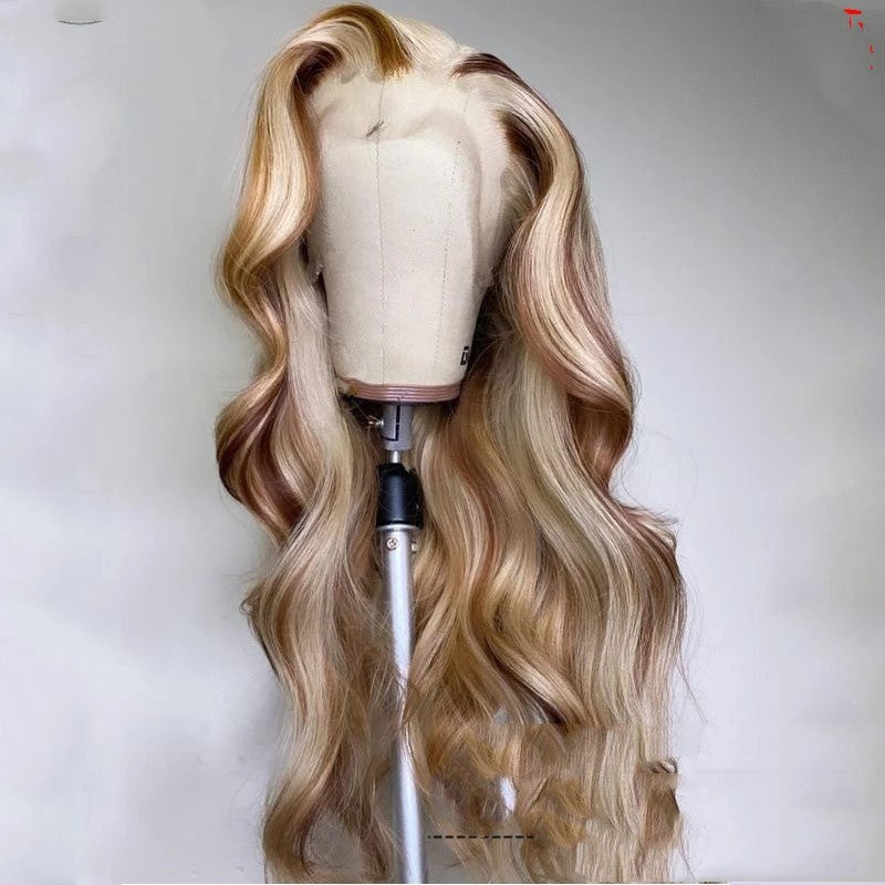Brown blonde human hair wig with soft waves displayed on a mannequin head