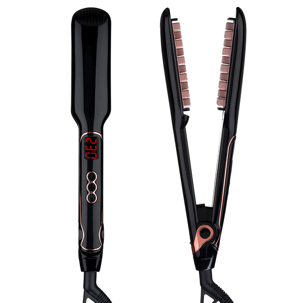 Black electric hair straightener with digital display and ceramic straightening brush for all hair types