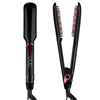 Black electric hair straightener with digital display and ceramic straightening brush for all hair types