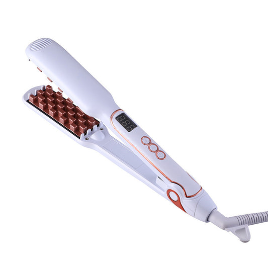 White electric hair straightener with digital display and ceramic straightening brush for all hair types