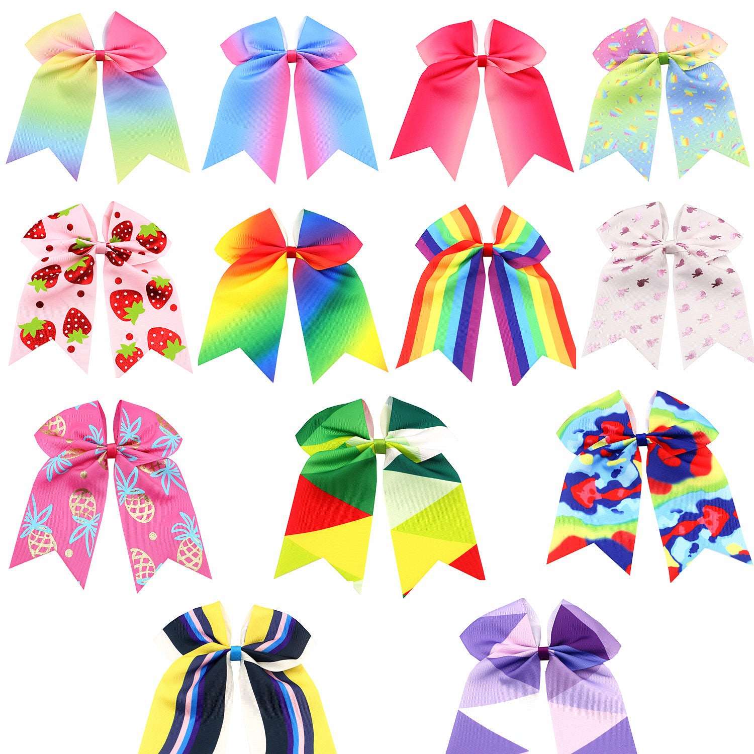 Colorful children's rainbow hair accessories with various patterns and vibrant designs for kids
