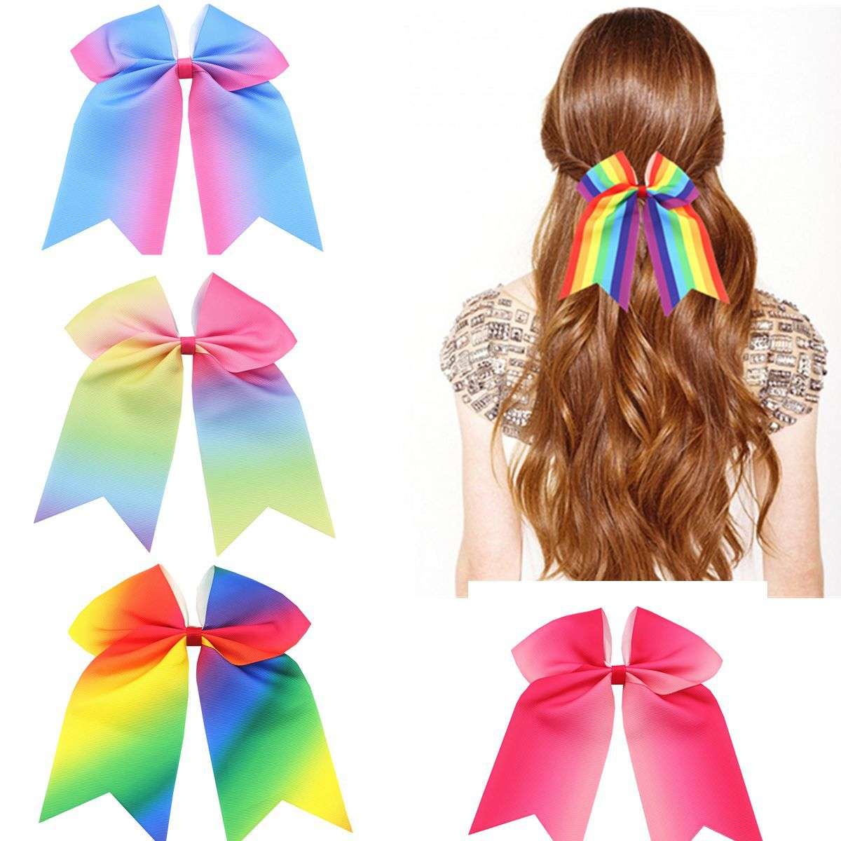 Colorful children's rainbow hair accessories featuring large bows in various vibrant shades