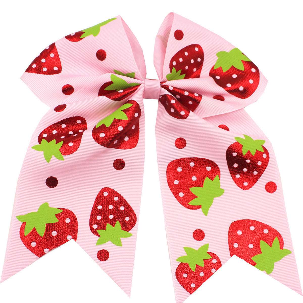 Children's Rainbow Hair Accessories featuring a vibrant strawberry bow on a pink background
