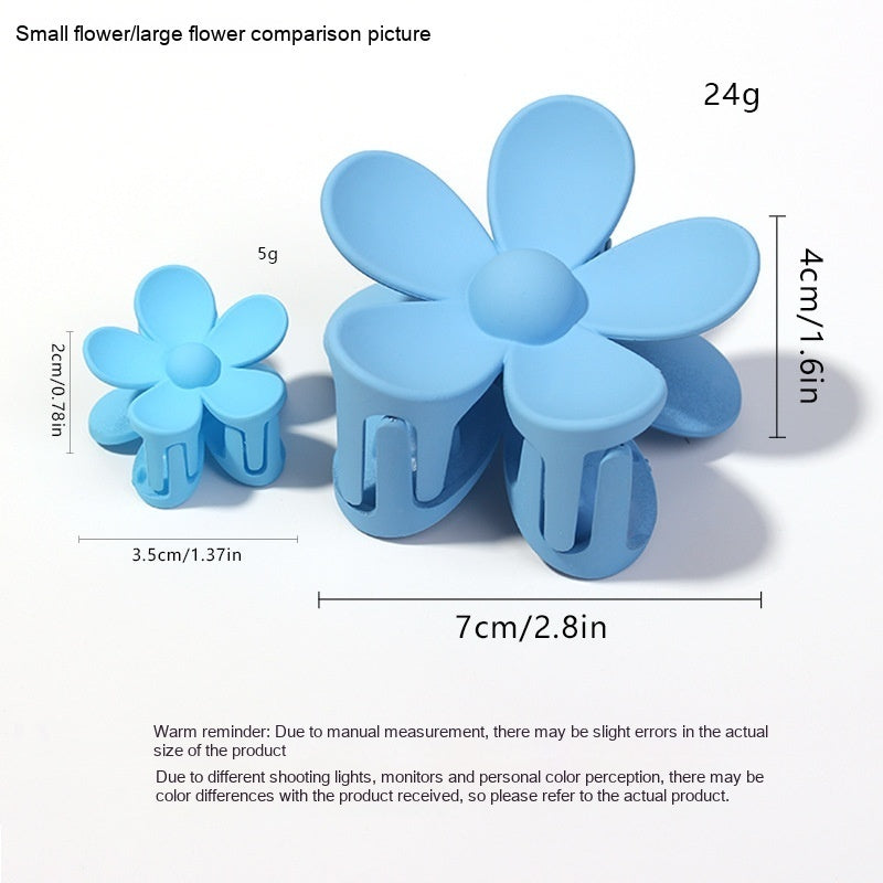 Two blue colorful flower hair clips in small and large sizes with frosted finish