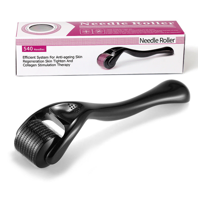 Black derma roller hair growth tool with 540 needles for skin regeneration and collagen stimulation