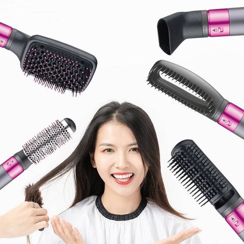 Easy use hair straightener for all hair types with multiple purple and black styling brush attachments around smiling woman