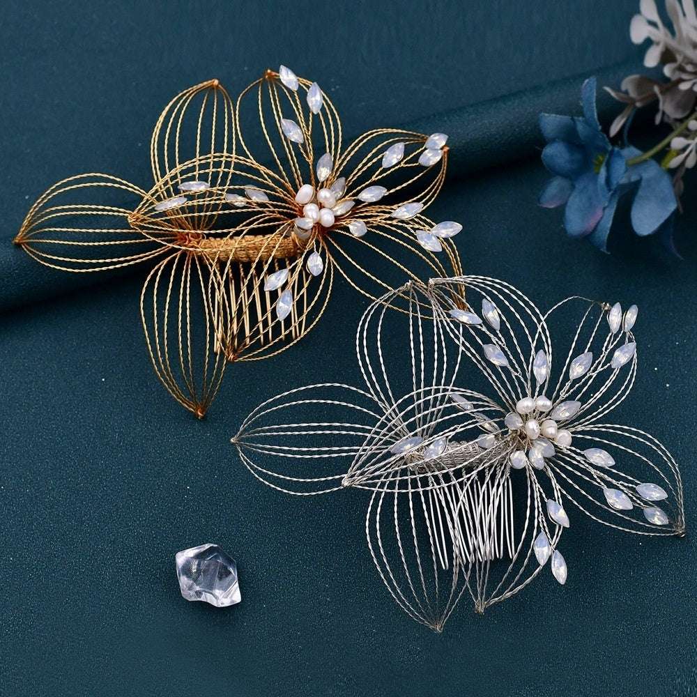 Elegant leaf design hair combs in gold and silver with pearl and crystal accents for bridal accessories