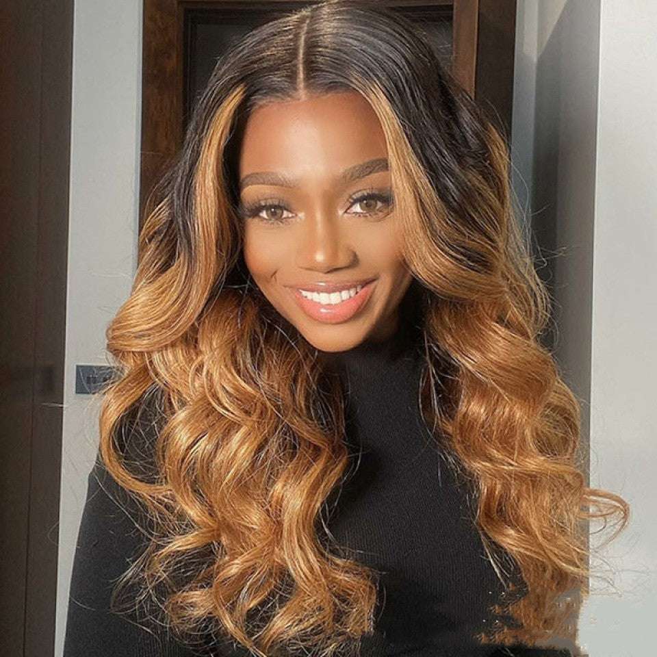 Medium Golden Head Dyed Black Wavy Long Curly Hair