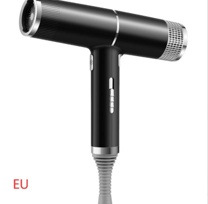 Black fast drying hair tool hair dryer with silver accents and ergonomic handle