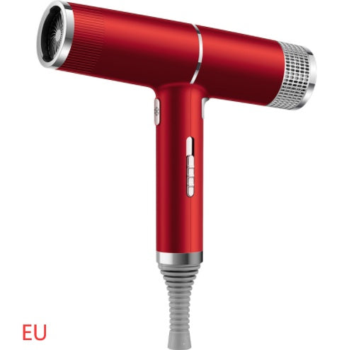 Red hair dryer designed as a fast drying hair tool with ergonomic handle and control buttons