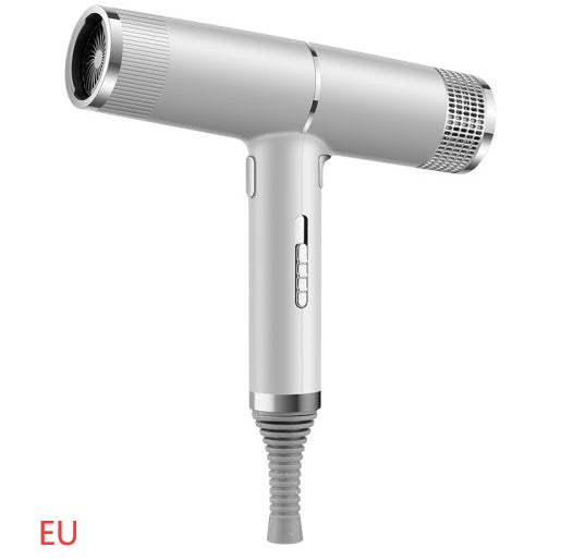 Sleek silver fast drying hair tool hair dryer with ergonomic handle and EU plug