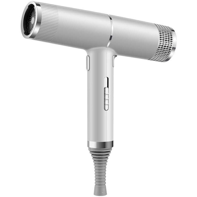 Sleek silver hair dryer designed as a fast drying hair tool with ergonomic handle and air vents