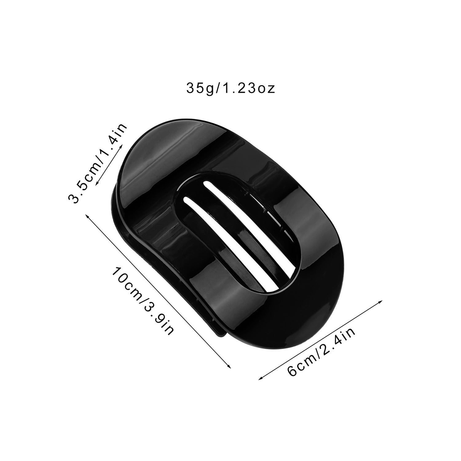 Black flat oval hair barrette with dimensions and weight for back head updo styling