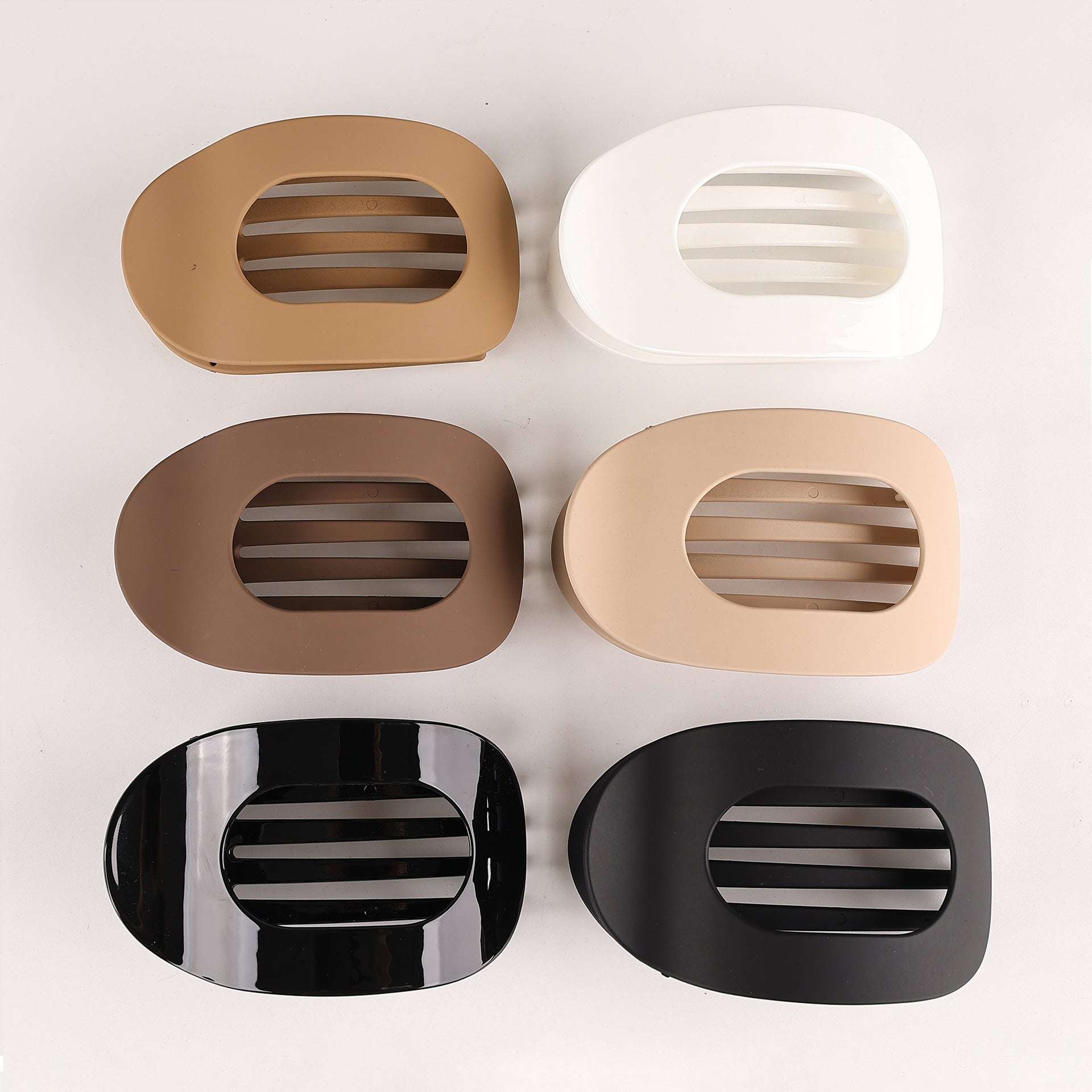 Set of six flat oval hair barrette clips in various neutral colors for back head updo hairstyles