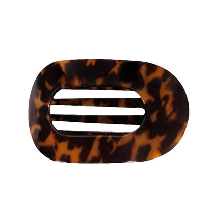 Tortoiseshell flat oval hair barrette with open slotted design for back head updo styling