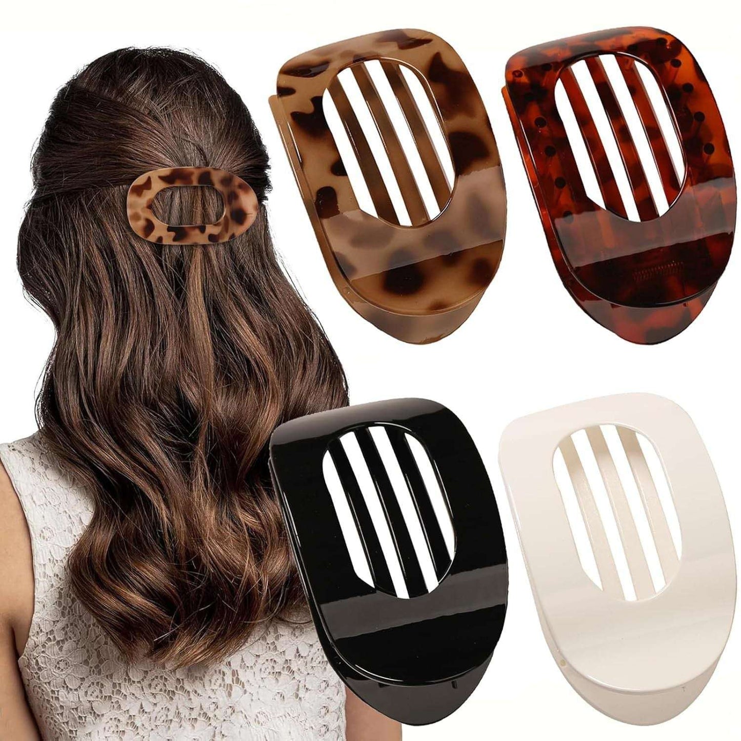 Set of flat oval hair barrette clips in tortoiseshell, black, and white, styled in brown hair updo