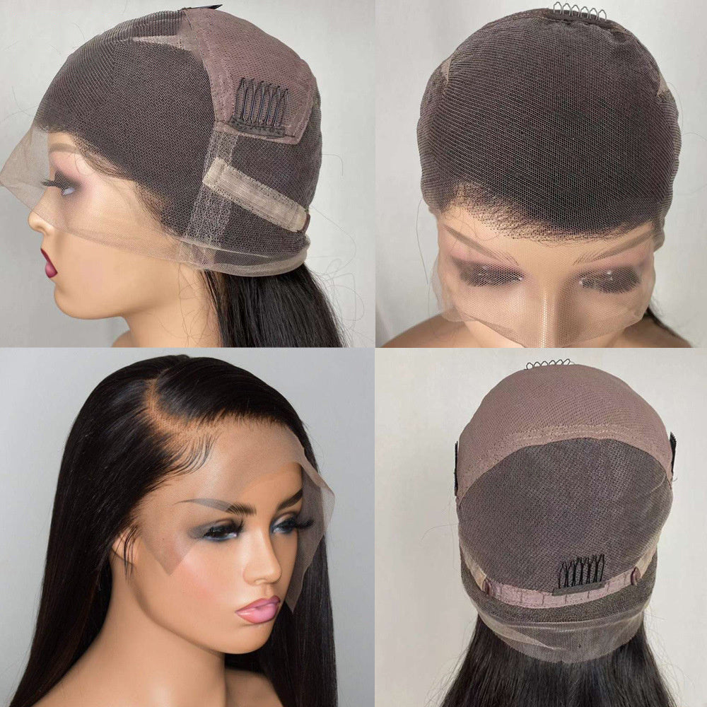 Close-up of a full lace wig with real hair showcasing the lace front and adjustable straps for a secure fit