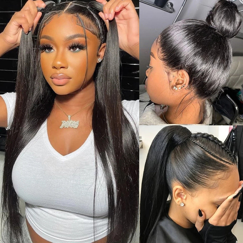 Versatile full lace wig with real hair styled in multiple looks including sleek ponytails and braids