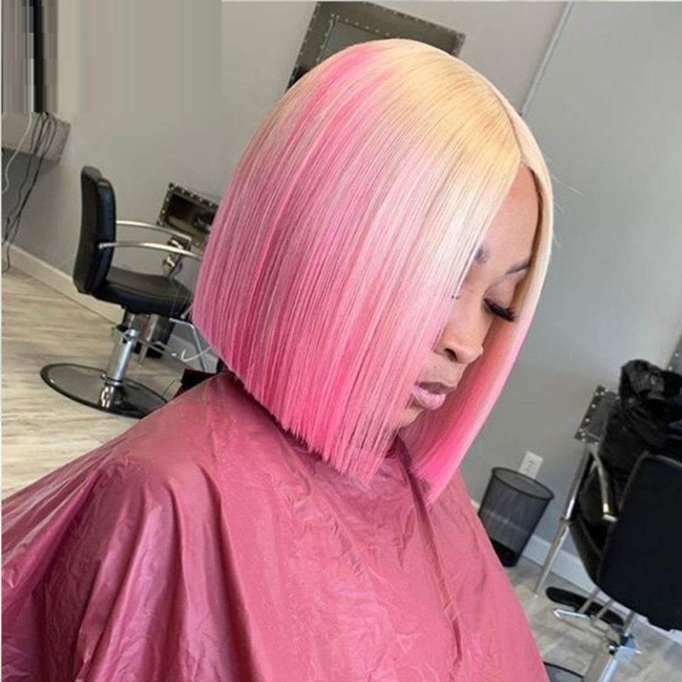 Stylish gradient front lace human hair wig with a sleek bob cut in pink and blonde tones