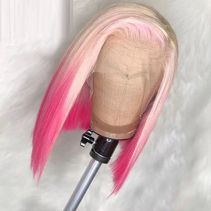 Gradient front lace human hair wig featuring a stylish blonde and pink color blend
