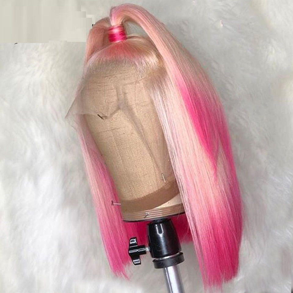 Gradient front lace human hair wig with pink and blonde colors styled in a sleek ponytail
