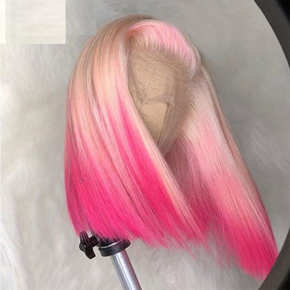 Gradient front lace human hair wig with pink tips and smooth straight styling