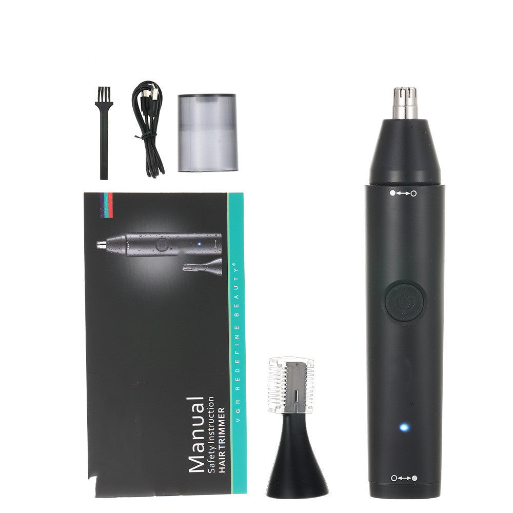 VGR 2-in-1 men's grooming tool with trimmer head, cleaning brush, and user manual for easy use
