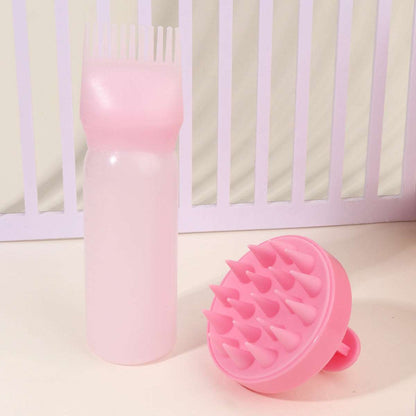 Pink bottle and scalp massage brush hair care tool set for head cleaning and scalp stimulation