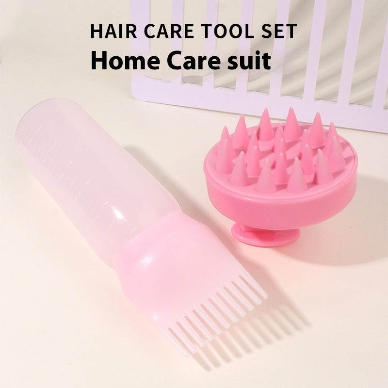 Pink bottle and scalp massage brush hair care tool set for cleaning and scalp stimulation