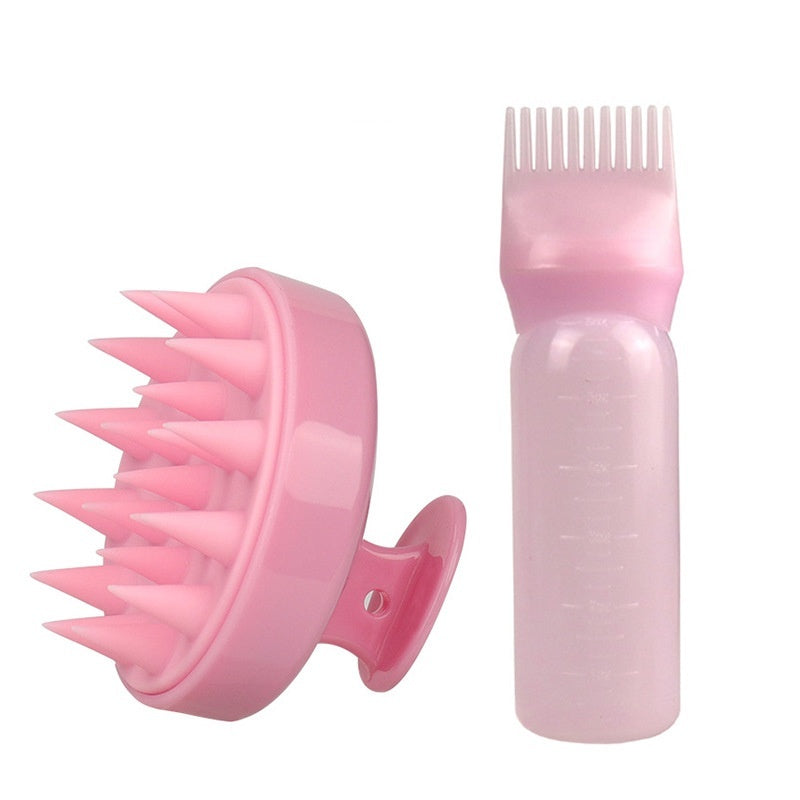 Pink bottle head cleaning massage hair care tool set with soft silicone scalp brush and applicator bottle