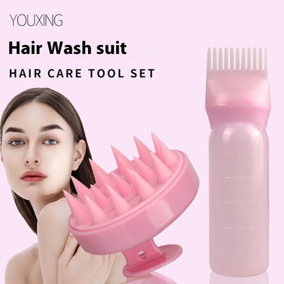 Pink hair care tool set with scalp massager brush and shampoo applicator bottle for hair wash