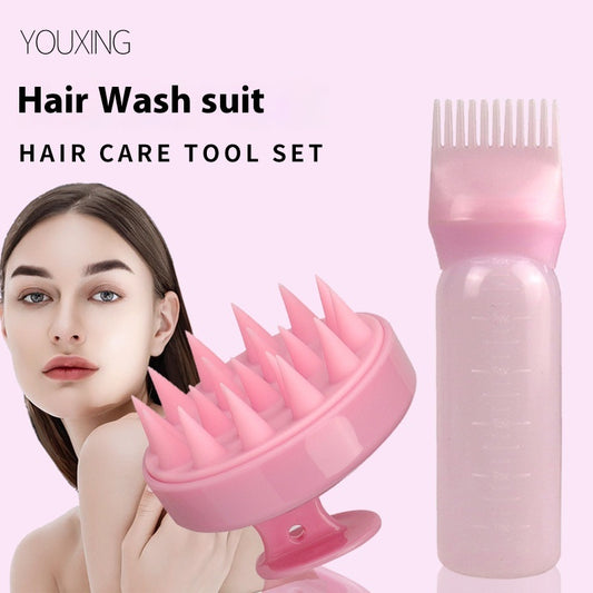 Pink hair care tool set with scalp massager brush and shampoo applicator bottle for hair wash
