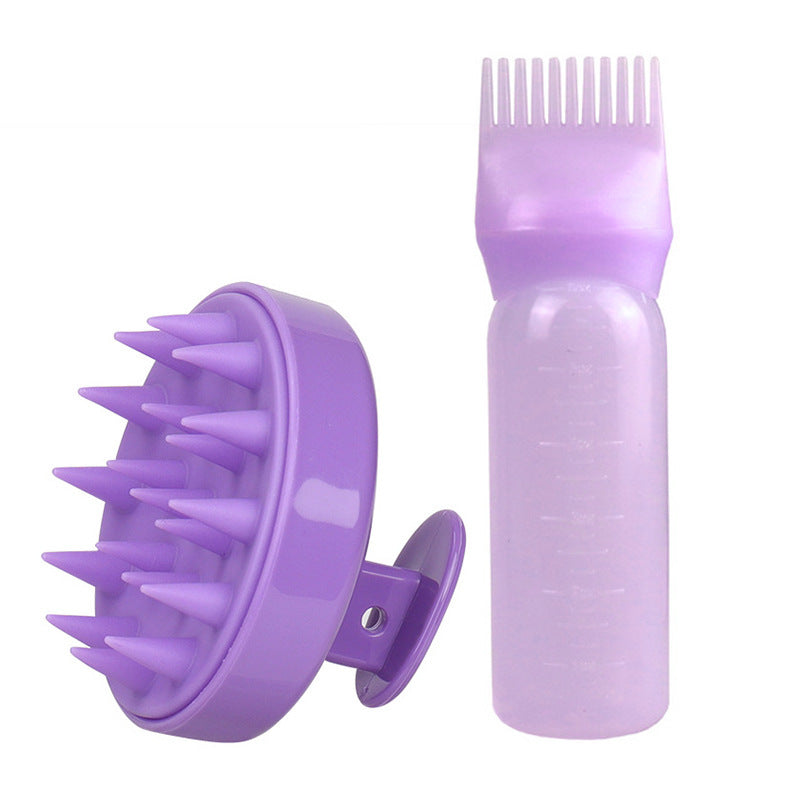 Purple hair care tool set with a scalp massage brush and bottle applicator for hair treatments