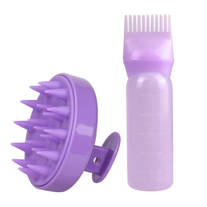 Purple hair care tool set with a scalp massage brush and bottle applicator for hair treatments